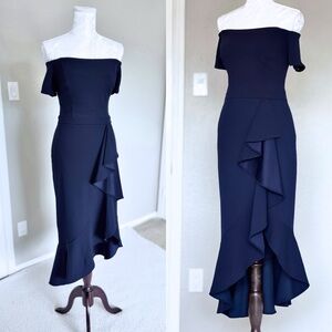 XSCAPE Navy Off-The-Shoulder Asymmetric High-Low Ruffle Dress Short Sleeves Gown